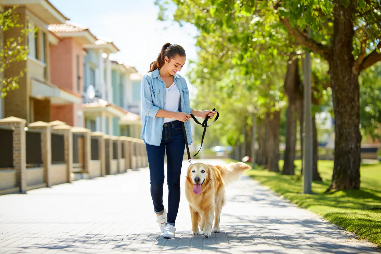 En person som går med en hund