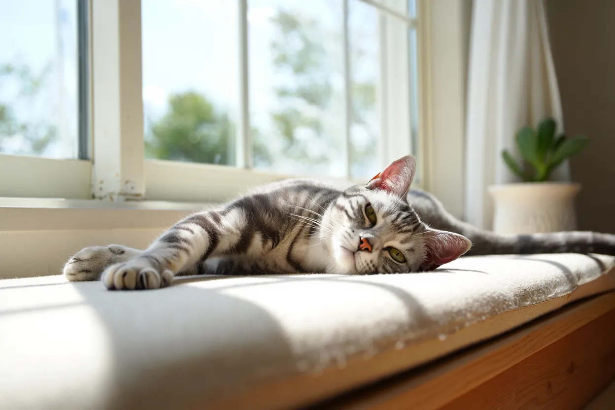 En katt som kopplar av i ett soligt fönster